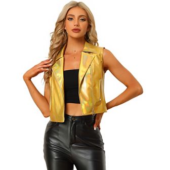 Women's Metallic Faux Leather Lapel Collar Sleeveless Zip Cropped Vest