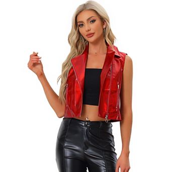 Women's Metallic Faux Leather Lapel Collar Sleeveless Zip Cropped Vest