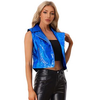 Women's Metallic Faux Leather Lapel Collar Sleeveless Zip Cropped Vest