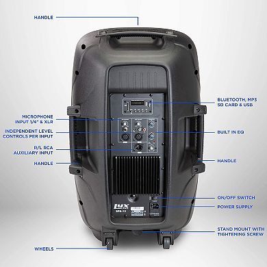 LyxPro 15" Battery Powered PA Speaker System, Portable Active Bluetooth Speaker w/Equalizer