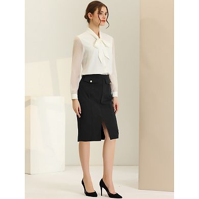 Women's High Waist Belted Split Hem Elegant Work Pencil Skirt