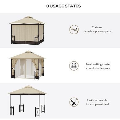 13' X 11' Patio Gazebo, Garden Canopy, Fancy Steel Frame, 2 Tier Roof, Beige
