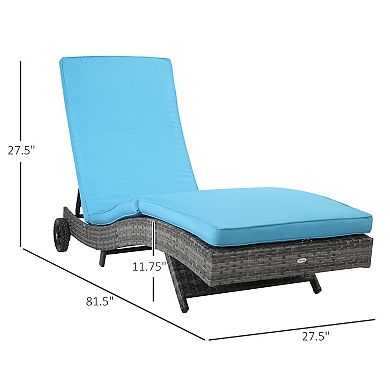 Outsunny Reclining Chaise Lounge Chair, Thickly Cushioned, Rolling Outdoor Plastic Rattan Sun Bathing Chair /w Wheels for Poolside, Pool, Patio, Sky Blue