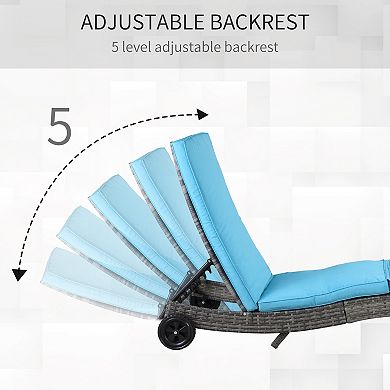 Outsunny Reclining Chaise Lounge Chair, Thickly Cushioned, Rolling Outdoor Plastic Rattan Sun Bathing Chair /w Wheels for Poolside, Pool, Patio, Sky Blue