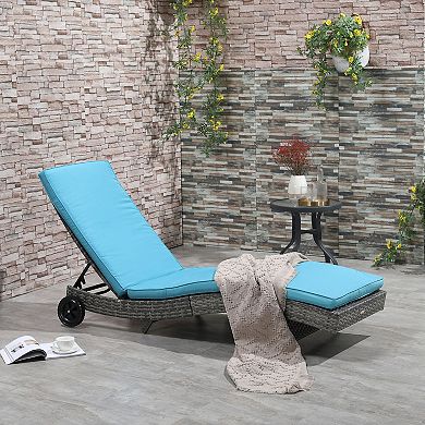 Outsunny Reclining Chaise Lounge Chair, Thickly Cushioned, Rolling Outdoor Plastic Rattan Sun Bathing Chair /w Wheels for Poolside, Pool, Patio, Sky Blue