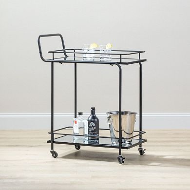 mDesign Metal Rectangle Rolling Food and Beverage Bar Cart with Glass Shelves, Black