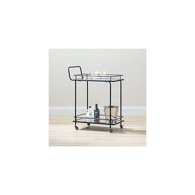 mDesign Metal Rectangle Rolling Food and Beverage Bar Cart with Glass Shelves, Black
