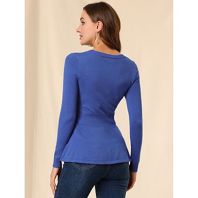 Women's V Neck Long Sleeve Ribbed Pullover Knitted Peplum Tops