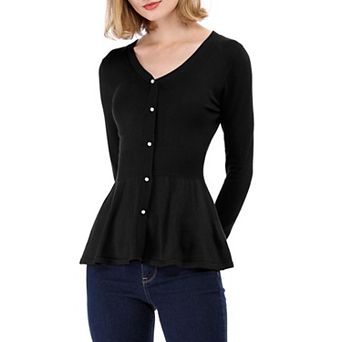 Women's V Neck Long Sleeve Ribbed Pullover Knitted Peplum Tops
