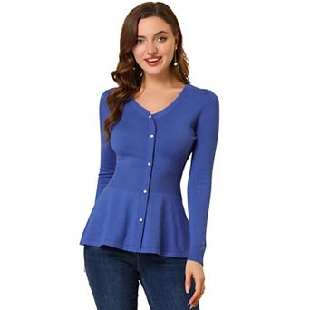 Women's V Neck Long Sleeve Ribbed Pullover Knitted Peplum Tops