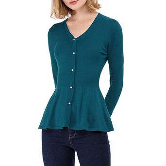 Women's V Neck Long Sleeve Ribbed Pullover Knitted Peplum Tops