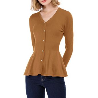 Women's V Neck Long Sleeve Ribbed Pullover Knitted Peplum Tops