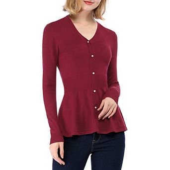 Women's V Neck Long Sleeve Ribbed Pullover Knitted Peplum Tops