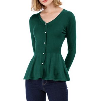 Women's V Neck Long Sleeve Ribbed Pullover Knitted Peplum Tops