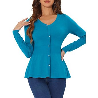 Women's V Neck Long Sleeve Ribbed Pullover Knitted Peplum Tops