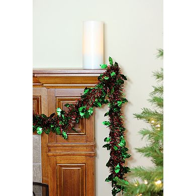 50' Shiny Red Christmas Tinsel Garland with Green Holly - Unlit