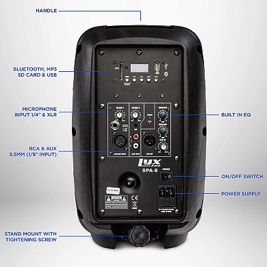 LyxPro 8" Active PA Speaker System, Portable Active Bluetooth Speaker w/Equalizer