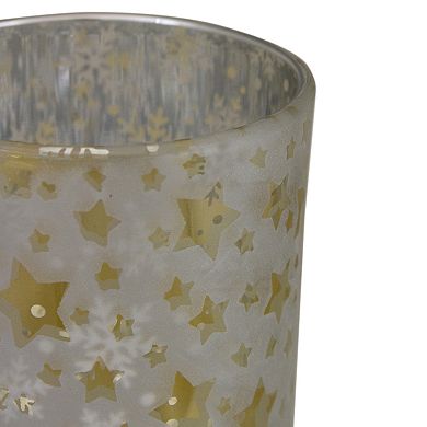 3" Matte Silver and Gold Stars and Snowflakes Flameless Glass Candle Holder