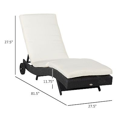 Outsunny Reclining Chaise Lounge Chair, Thickly Cushioned, Rolling Outdoor Plastic Rattan Sun Bathing Chair with Wheels for Poolside, Pool, Patio, Off-White