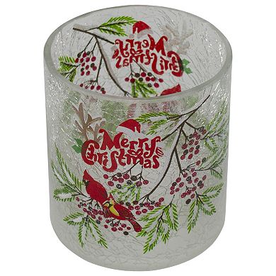 8" Hand Painted Christmas Cardinal and Pine Flameless Glass Christmas Candle Holder