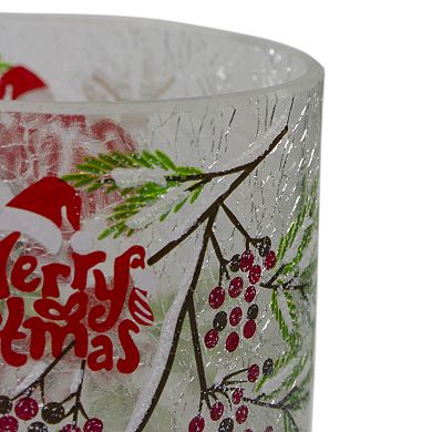 8" Hand Painted Christmas Cardinal and Pine Flameless Glass Christmas Candle Holder