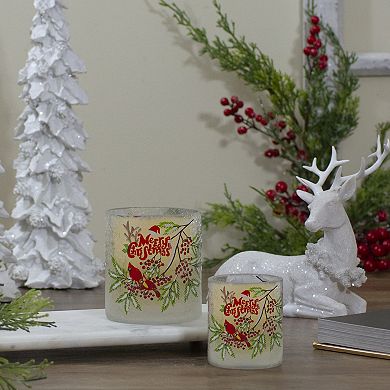 8" Hand Painted Christmas Cardinal and Pine Flameless Glass Christmas Candle Holder