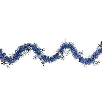 50' x 2" Royal Blue and Silver Christmas Tinsel Garland with Snowflakes - Unlit