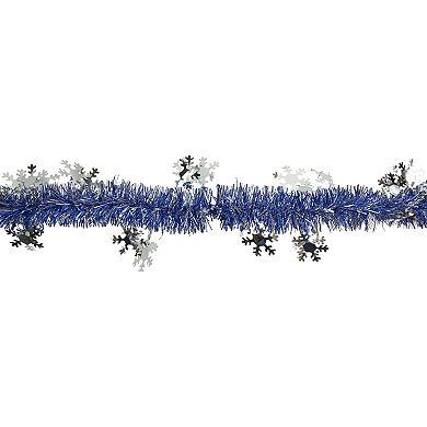 50' x 2" Royal Blue and Silver Christmas Tinsel Garland with Snowflakes - Unlit