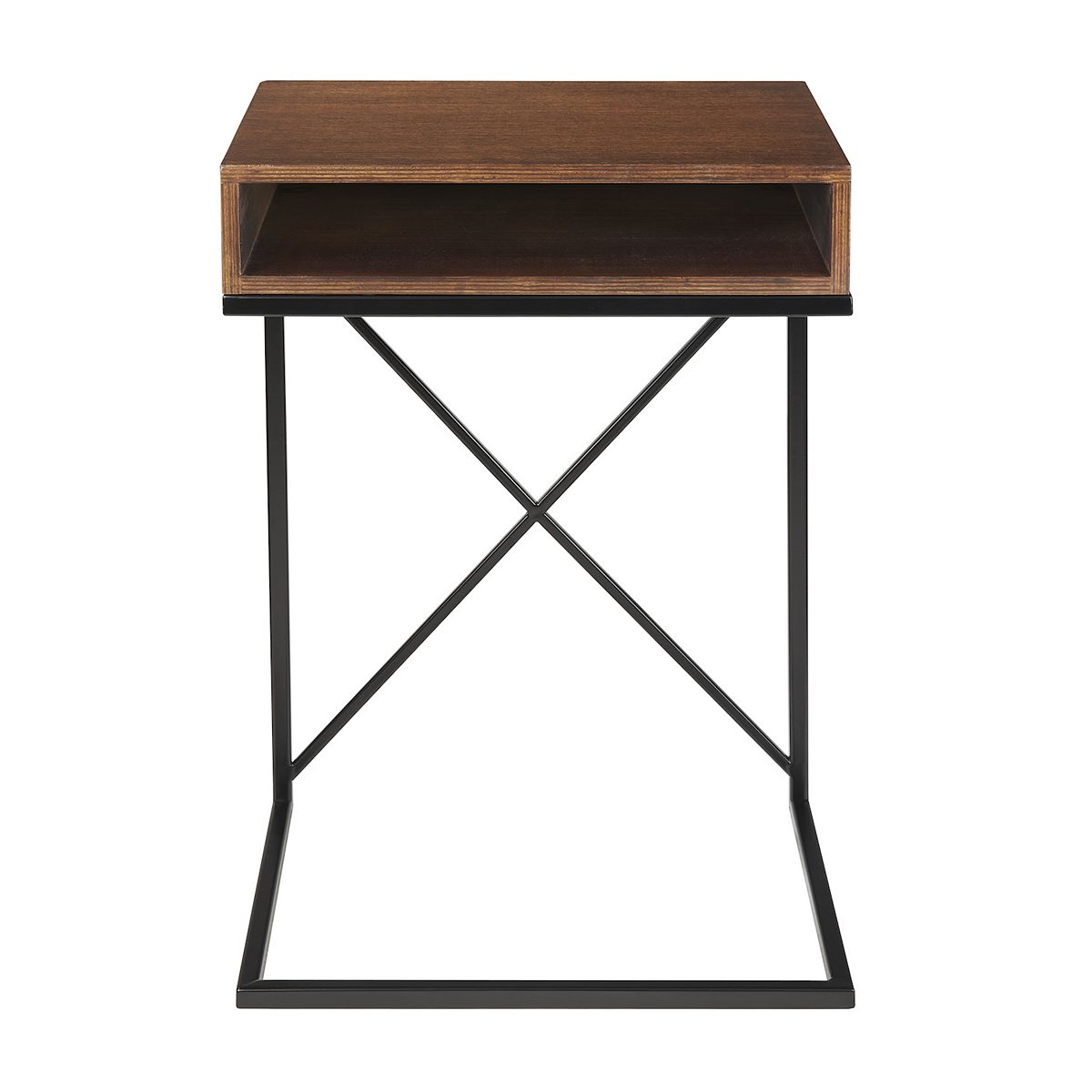Side view showing shelf under top and frame