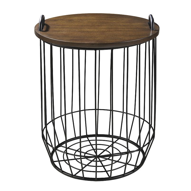 Round basket-style end table with wooden top and black metal wire frame