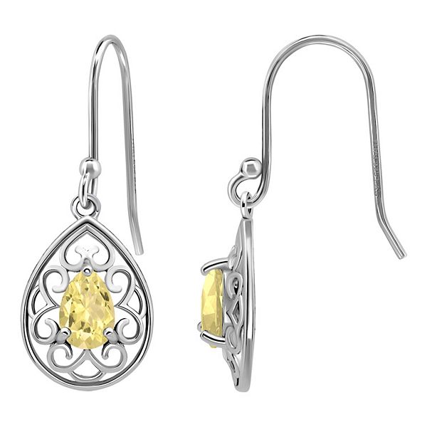 Aleure Precioso Sterling Silver Pear Shaped Gemstone Drop Earrings - Silver Tone Yellow