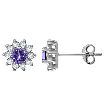 Aleure Precioso Sterling Silver Round Gemstone with White Topaz Halo Stud Earrings