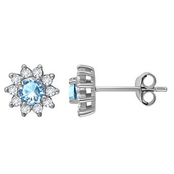 Aleure Precioso Sterling Silver Round Gemstone with White Topaz Halo Stud Earrings