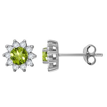 Aleure Precioso Sterling Silver Round Gemstone with White Topaz Halo Stud Earrings