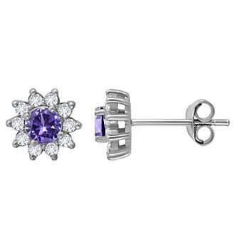 Aleure Precioso Sterling Silver Round with White Topaz Halo Stud Earrings