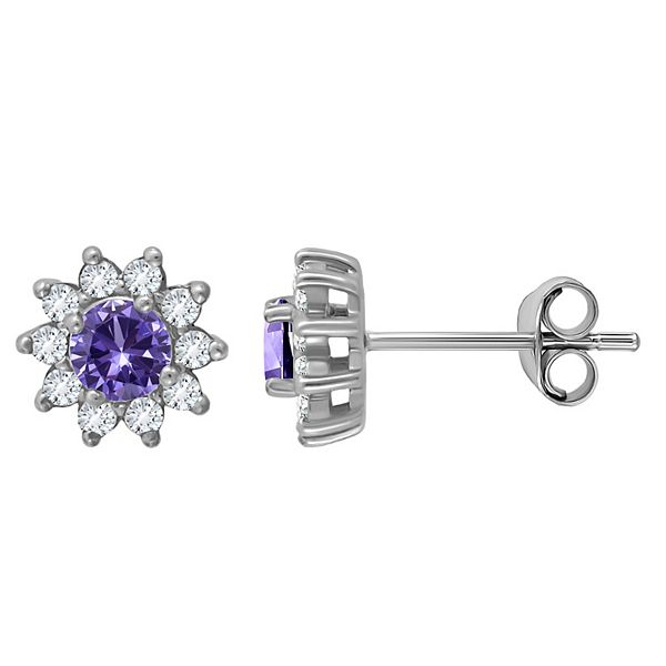 Aleure Precioso Sterling Silver Round with White Topaz Halo Stud Earrings - Silver Tone Purple