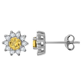 Aleure Precioso Sterling Silver Round with White Topaz Halo Stud Earrings