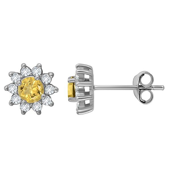 Aleure Precioso Sterling Silver Round with White Topaz Halo Stud Earrings - Silver Tone Yellow