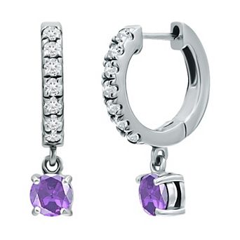 Aleure Precioso Sterling Silver Round Gemstone with White Topaz Huggie Earrings