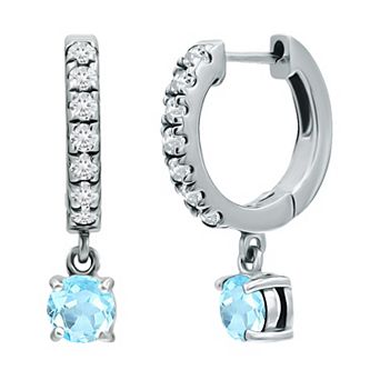 Aleure Precioso Sterling Silver Round Gemstone with White Topaz Huggie Earrings