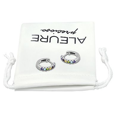 Aleure Precioso Sterling Silver Multi Gemstone Oval Huggie Hoop Earrings