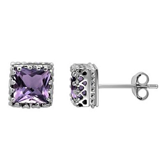 Aleure Precioso Sterling Silver Square Crown Set Stud Earrings