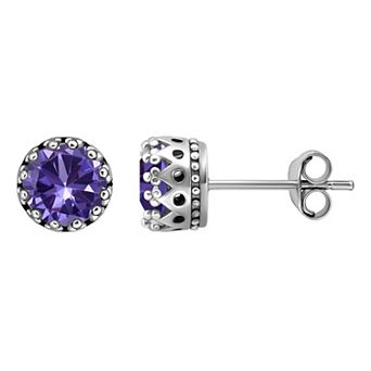 Aleure Precioso Sterling Silver Round Crown Set Stud Earrings