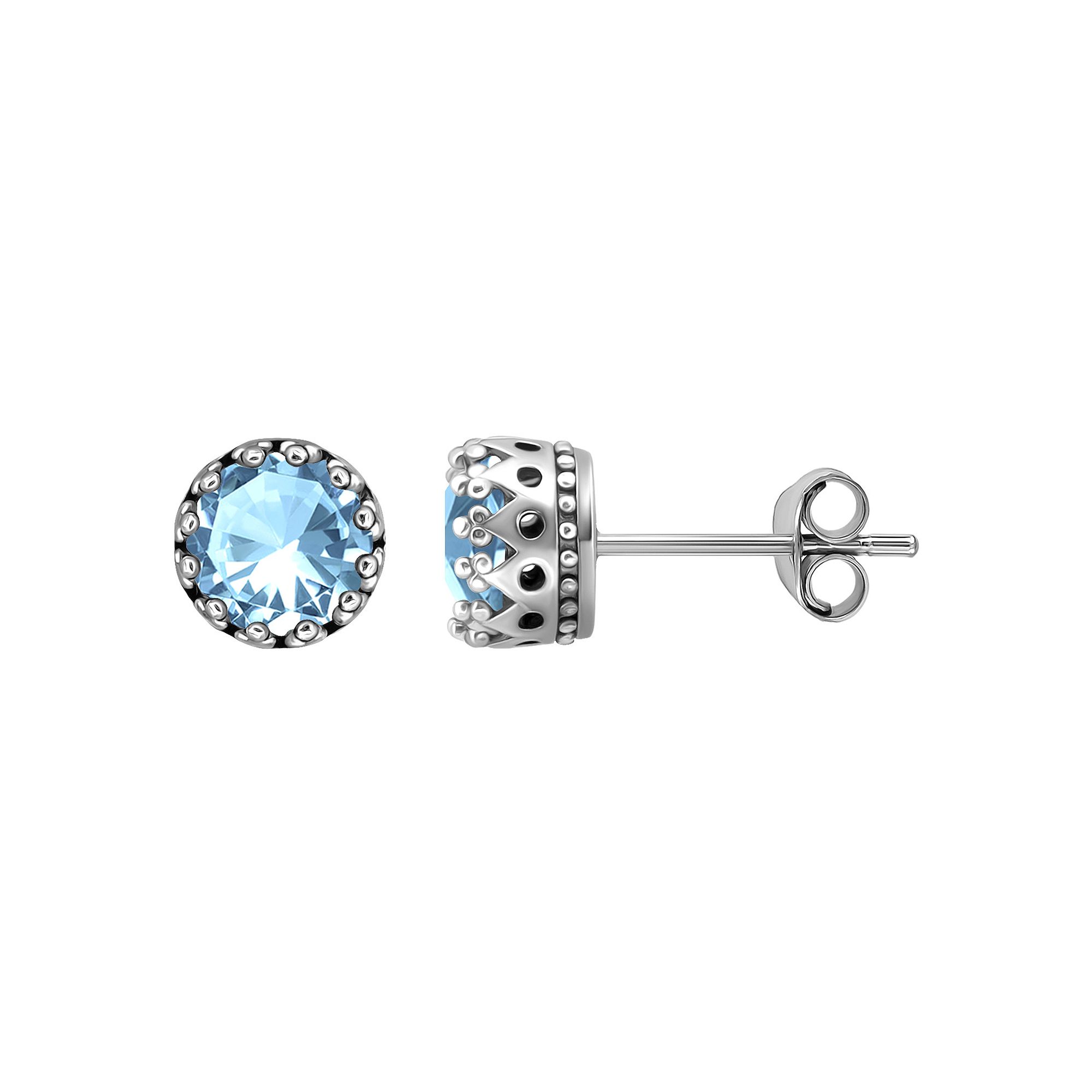 Aleure Precioso Sterling Silver Round Crown Set Stud Earrings, Womens, Blu
