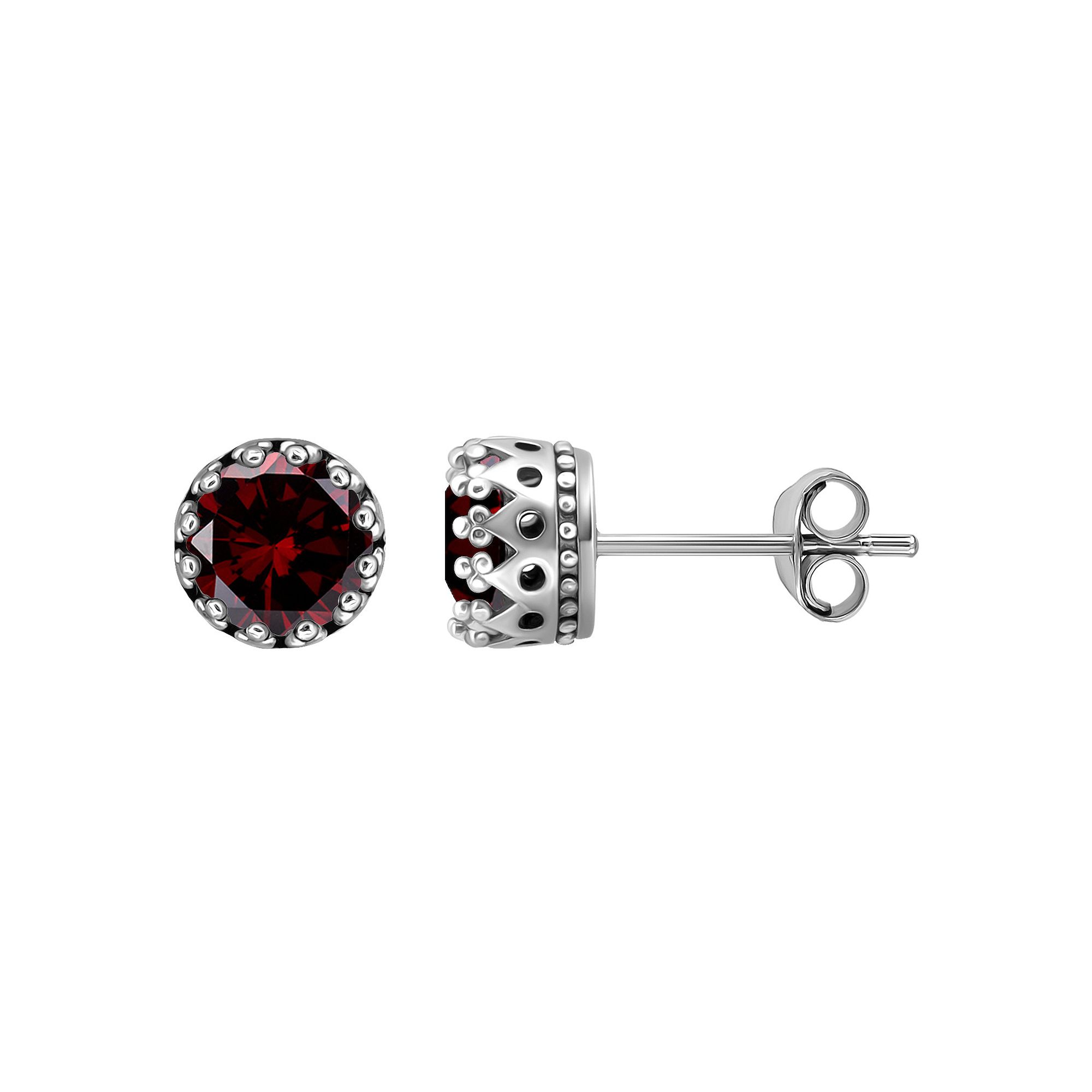 Aleure Precioso Sterling Silver Round Crown Set Stud Earrings, Womens, Red