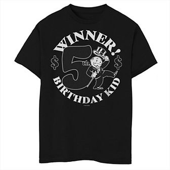 Boys 8-20 Monopoly Rich Uncle Pennybags Winner 5th Birthday Kid Tee