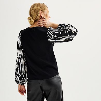 Petite Nine West Puff-Sleeve Mixed Media Top