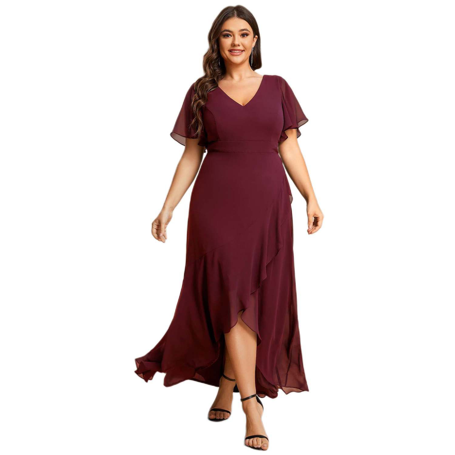 Plus Size Elegant Lotus Sleeves Chiffon Bridesmaid Dress