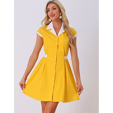 Women's Work Contrast Collar Button Front Belted A-Line Shirt Dress