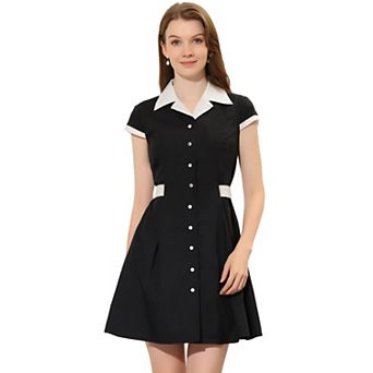 Women's Work Contrast Collar Button Front Belted A-Line Shirt Dress